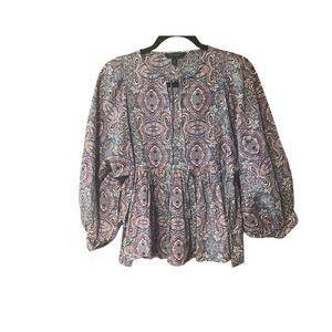 Banana Republic‎ Factory Paisley Ballon Sleeve Tie Neck Blouse In Blue Ash